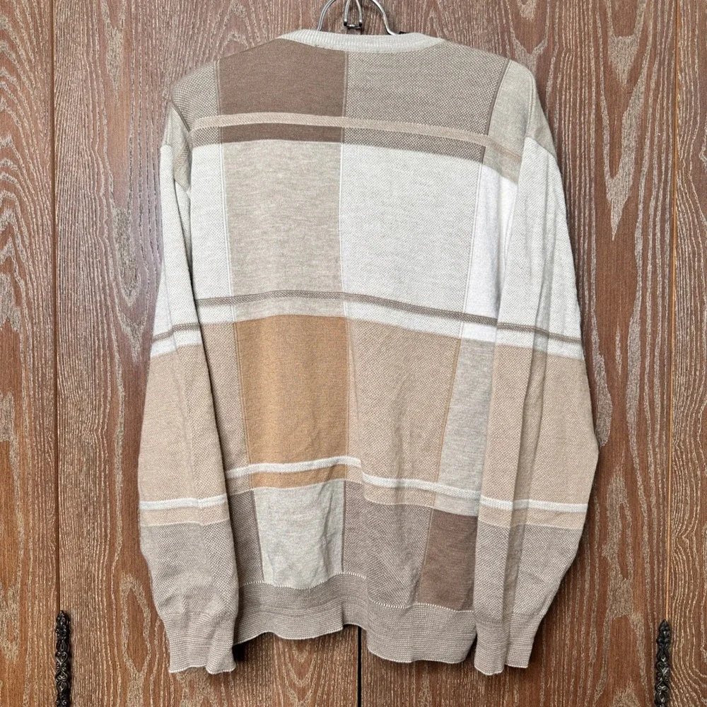 Marcello Mens V-Neck Merino Wool Blend Sweater Brown Beige Geometric Italy Large